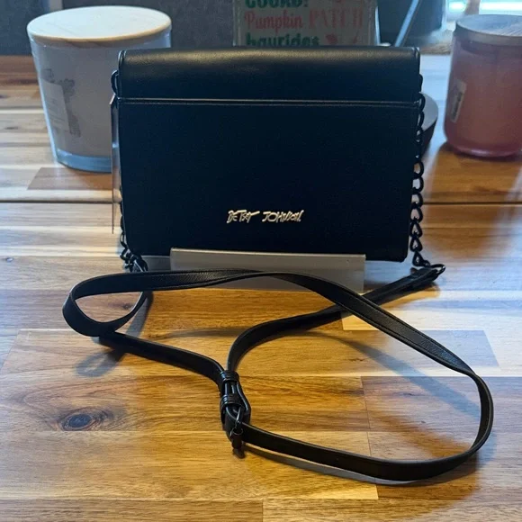 Betsey Johnson Black Crossbody Bag with White Hearts - Picture 2 of 10